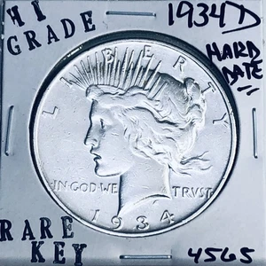 1934 D PEACE SILVER DOLLAR HI GRADE GENUINE U.S. MINT RARE KEY COIN 4565 - Picture 1 of 3