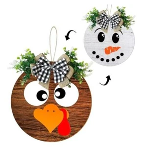 Thanksgiving/Winter Hanging Door Sign, Turkey/Snowman Reversible Door Wreath - Picture 1 of 8