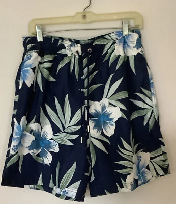 Lands’ End Men's Swimming Trunks  Floral Hibiscus Blue 32/34M Hawaiian  Lined - Image 1 of 4