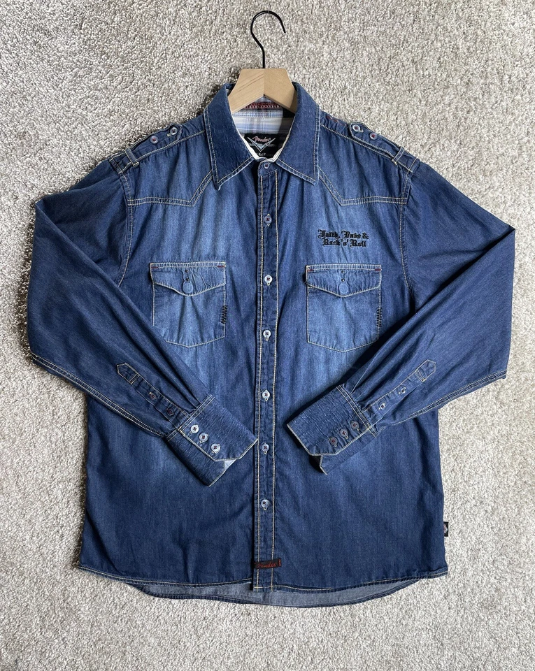 Camisa FENDER RARA Para Hombre L Personalizada Shop By Rock And Roll Religion Denim Abotonada Foto 1 de 4
