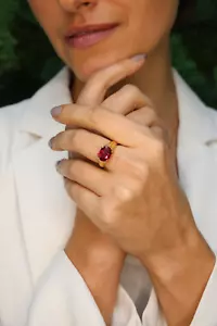 2.40 Ct Oval Cut Natural Ruby & Diamond weeding Ring 14K Yellow Gold Size 6 7 8 - Picture 1 of 8