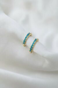 Natural Sleeping Beauty Turquoise Baby Small Hoop Earrings 14k Yellow Gold k082