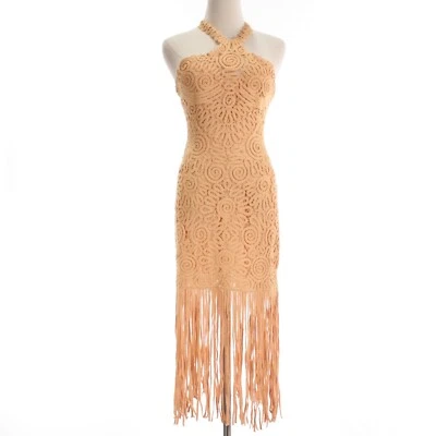 Vestido Halter Jonathan Simkhai Nuevo con Etiquetas Alisa Flecos Talla 4 en Ratán/Tostado 100% Algodón Foto 1 de 4