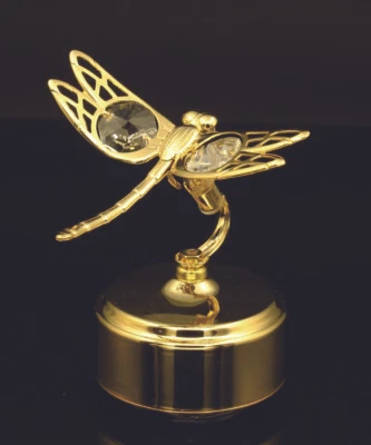 CRYSTAL TEMPTATION SWAROVSKI CRYSTAL STUDED ROTATING DRAGONFLY MECHANICAL MUSIC BOX 24K GOLD PLATED