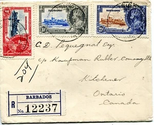 1935 Silver Jubilee Barbados 1d, 1 1/2d + 2 1/2d on registered cover to Canada - Picture 1 of 2