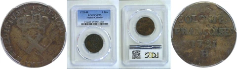 1721-H French Colonies Copper Sou or 9 Deniers PCGS VF-35 Cover