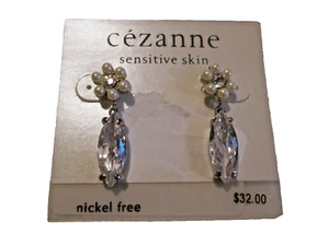 Cezanne Sensitive Skin Pierced Earrings Silver Tone wPearls & Marq CZ 1.25" Drop - Picture 1 of 5