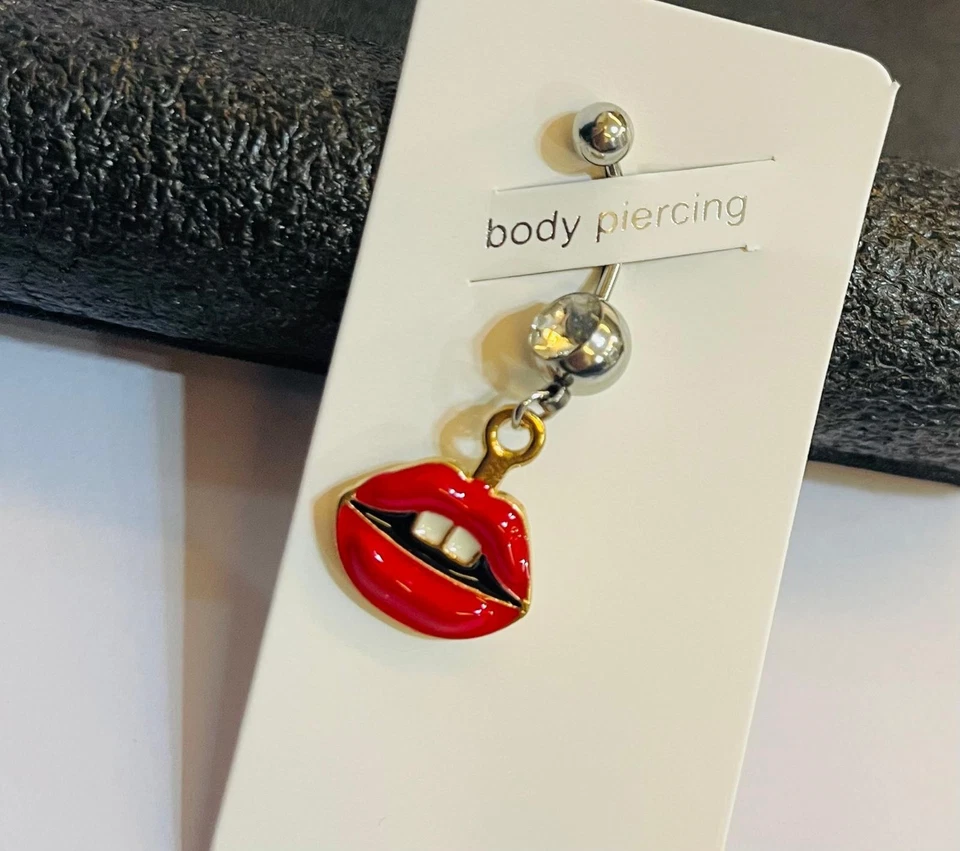 Stylish Belly Button Piercing Crystal Ball Red Lips Charm White Teeth - Image 1 of 4