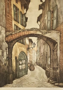 Old Street Scene Colored Etching signed Alfred Corbin Print 310 after J. Codron - Picture 1 of 10