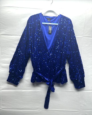 Boohoo Women Blue Velvet Sequin Belted Wrap Blouse Plus Size 28 Long Sleeve - Image 1 of 4