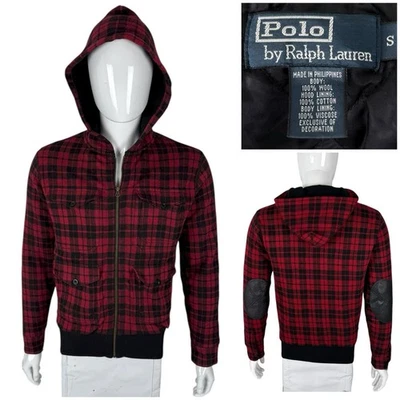 Polo Ralph Lauren Mens Small Jacket Plaid Red Black Full Zip Hooded Vintage Wool - Image 1 of 4