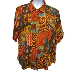 VTG Kaktus Patchwork Beaded Tunic Top Blouse 2X Crinkle Rayon Embellished Artsy - Picture 1 of 8