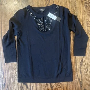 NWT Talbots Pure Merino Wool Black Sweater w Embellishment -P- $119 - Picture 1 of 6