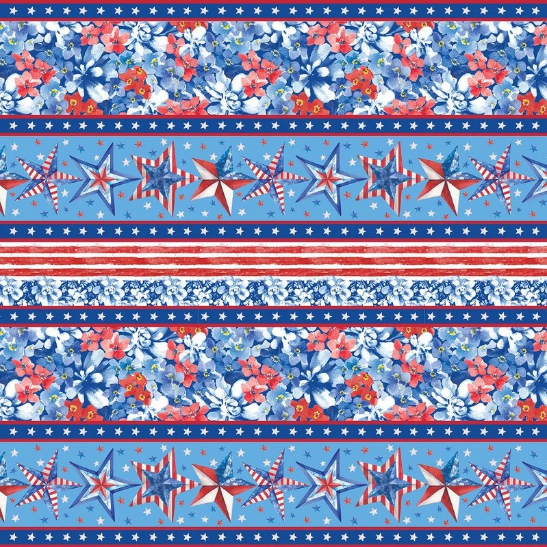 Tela Patriótica | Estrellas de la Suerte Flor y Estrella Rayas Rojo AZUL | YARDA en Blanco Foto 1 de 1