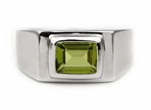 Natural Emerald Cut Green Peridot Sterling Silver 925 Handmade Mens Plain Ring - Picture 1 of 5