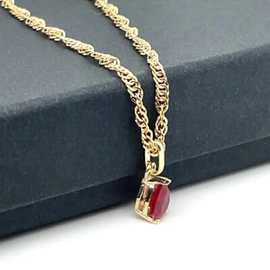 9ct Yellow Gold Pear Shaped Ruby Red Pendant 16 inch Singapure Chain Necklace - Picture 1 of 7