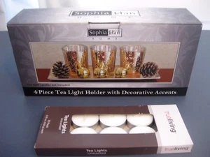 4 PIECE HOLIDAY TEA LIGHT HOLDER WITH DECORATIVE ACCENTS PLUS 10 PACK TEA LIGHTS - Picture 1 of 2