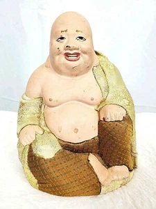 Antique 1940 Happy Buddha Handmade Clay And Hand Painted Textile Clothing Statue - Picture 1 of 6