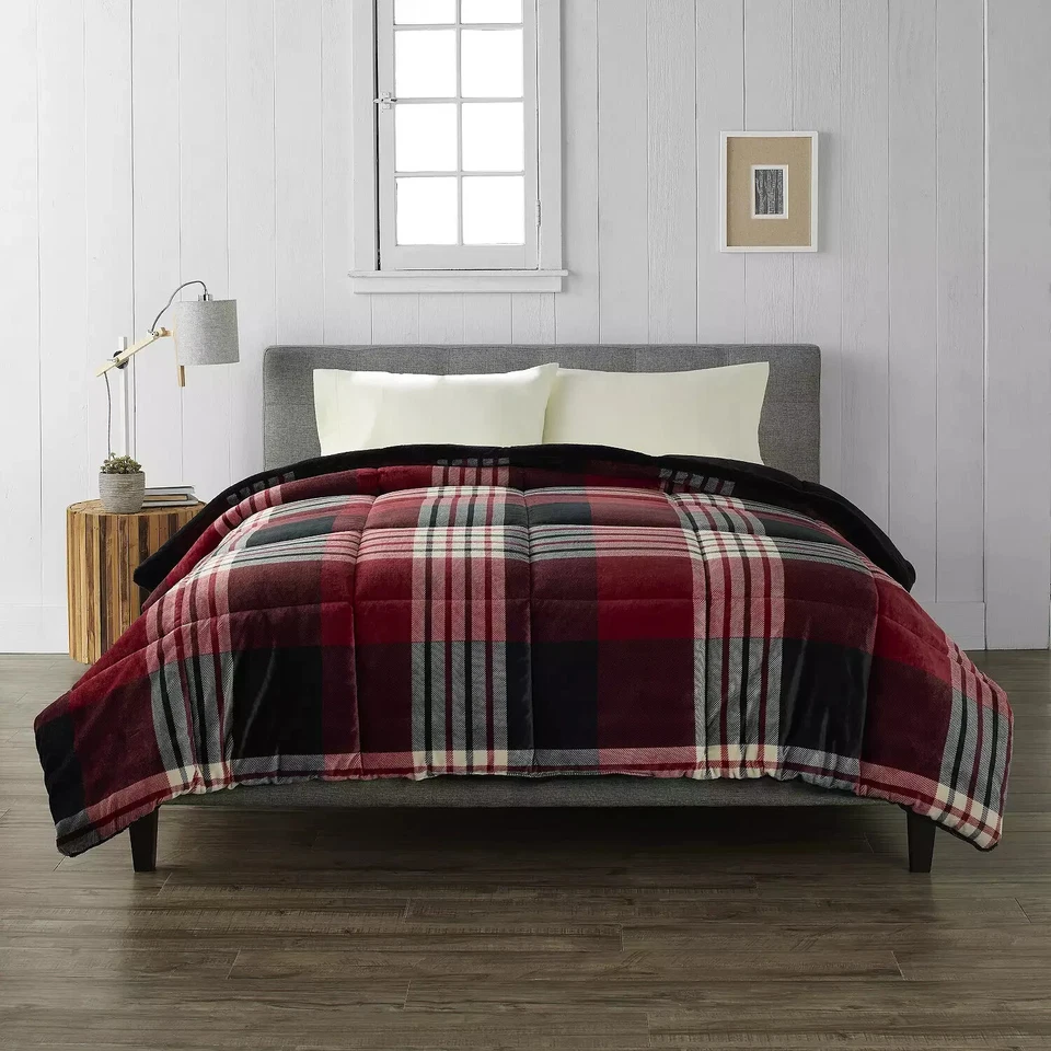 New Cuddl Duds Full/Queen size Cozy Soft comforter Red/Black Plaid faux fur - Image 1 of 1