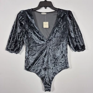 Free People Don’t You Wish Velvet Bodysuit Size L Sunflower Seed Puff Sleeve (18 - Picture 1 of 12