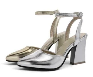 Womens Dress Casual Shoes Pointy Toe Ankle Strap Block Heel Faux Leather Sandals - Picture 1 of 9