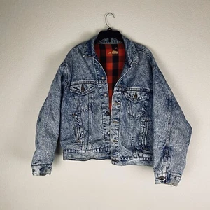 Levis Bleached Denim Jacket Plaid Lined Vintage Size Large - Picture 1 of 10