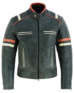 0731 Chaqueta de cuero de vaca a rayas naranja y crema lavado a la piedra para hombre - Imagen 1 de 6