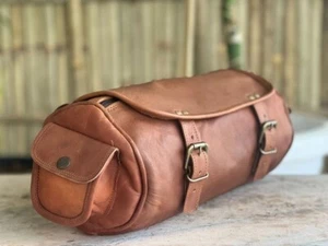 Goat Leather Motorcycle Bag Vintage Strap Tool Buckle Closure Brown Genuine New - Picture 1 of 5