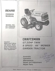Sears Craftsman 20 h.p 44" 6sp Garden Tractor 917.254420 Owner & Parts Manual - Picture 1 of 8