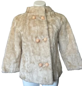 Vintage 1950 Styled By Winter Faux Fur Coat Beige Peach Rhinestone Buttons  Med - Picture 1 of 13