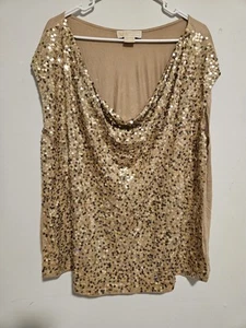 Michael Kors Womens Gold Sequin Beige Cotton Tank Top Plus Size 3X Party Sparkly - Picture 1 of 10