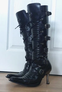 NEW ROCK Malicia Black Knee High Heeled Lace Buckle Boots Goth Biker Size 7 / 40 - Picture 1 of 16