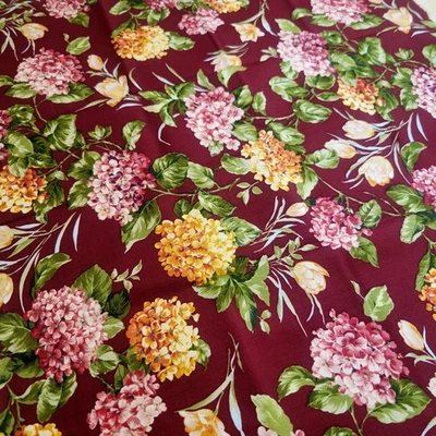 Cotton Fabric Burgundy Floral Hydrangea Tulip Print 19x44” Cranston Village - Image 1 of 4