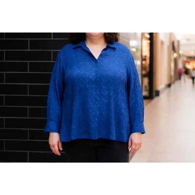 Maggie Barnes Blouse button down 1X 18/20 Crinkle Textured Blue festive casual - Image 1 of 4