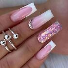Manicure Glitter Pink Sequins Press on Nails Long Ballerina French Fake Nails