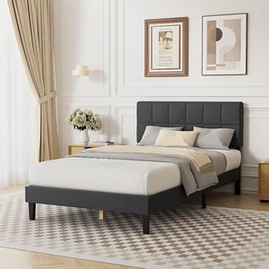 Twin Size Wood Bed Frame - Linen Upholstered Platform Bed with Headboard, No Box - Picture 1 of 8