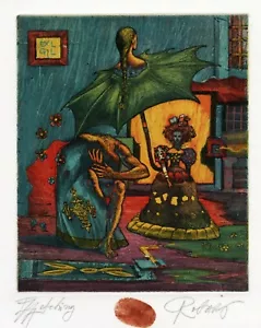 Paraguas Verde Original Surrealista Grabado Arte Impresión Ex Libris, Robert Baramov - Imagen 1 de 3