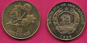 MOSAMBIK 10 METICAIS 1994 AU BAUMWOLLPFLANZE UND WERT,EMBLEM - Bild 1 von 1