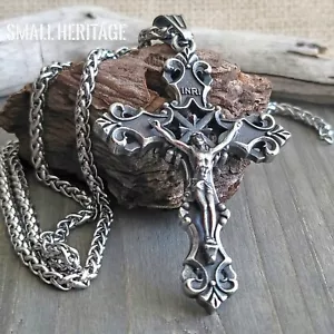 Large Christian Crucifix Cross Necklace Stainless Steel Pendant Chain Men Rope - Picture 1 of 11
