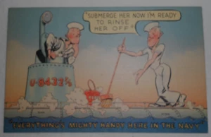 Vintage Risque Cartoon Humor Postcard US Army Navy WWII Submarine Cleaning - Picture 1 of 2