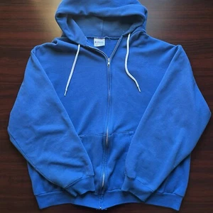 Vintage 80s Hanes Hooded Jacket Adult XL Blank Blue Full Zip Blue - Picture 1 of 8