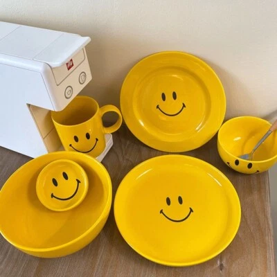 Yellow Cartoon Smile Print Dinnerware Set Home Tableware Ceramic Bowl Plate Mug  - Image 1 of 4