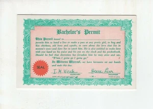 1941 Gag Gift Card "Bachelor's Permit" Exhibit Supply Co Chicago - Bild 1 von 1