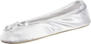 isotoner womens Satin Ballerina With Bow, Suede Sole Slipper, White Soft Tie