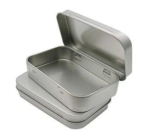 Small Metal Storage Tin Rectangle Hinged Craft Stash Tobacco Jewellery Silver - Picture 1 of 5