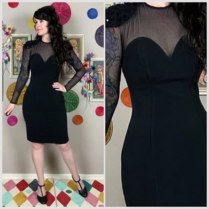 Vintage 1980s Black Long Sleeve Illusion Mesh Bodycon Mini Dress - XS/S/M - Picture 1 of 6