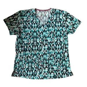 Divine Stretch Women's V-Neck Scrub Top Green Black Diamond Print - Picture 1 of 5