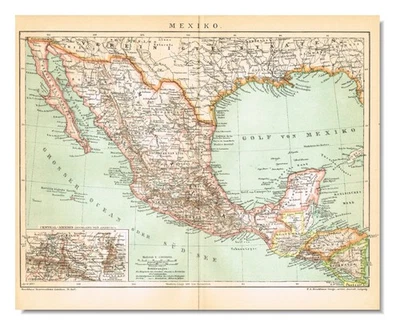 MEXICO Original Vintage  Antique Map  plan  DATED 1897  Estados Unidos Mexicanos - Image 1 of 4