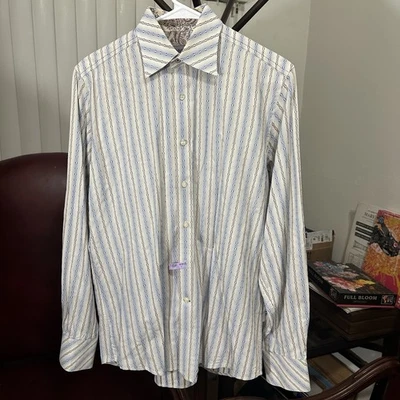 Dragonfly Men’s Long Sleeve Button Up Shirt M Cream Blue Brown Retro Mod Paisley - Image 1 of 4