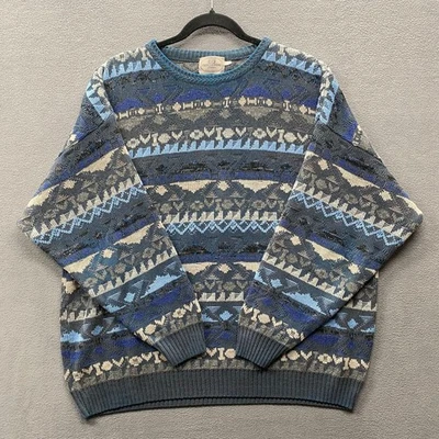 Vtg Pronto Uomo Wool Blend Sweater Mens XL Blue Gray Geometric Striped Italy - Image 1 of 4